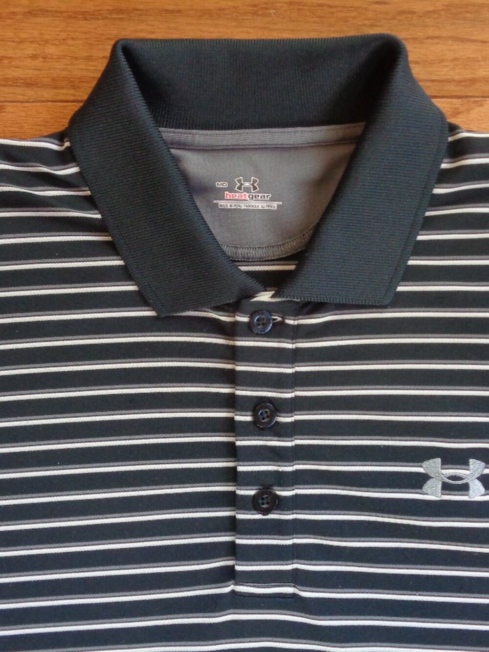 Under Armour Golf Polo Shirt, Black and Gray Stripes, Medium